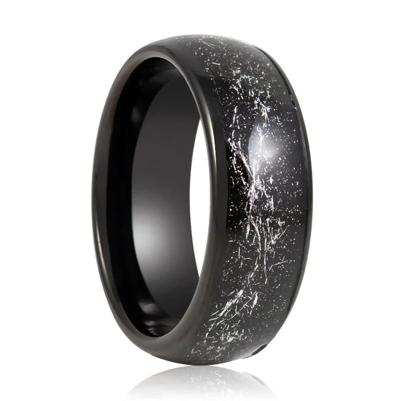 best selling engagement rings for women-DOMINATOR | Black Tungsten Ring, Black Meteorite Inlay, Domed