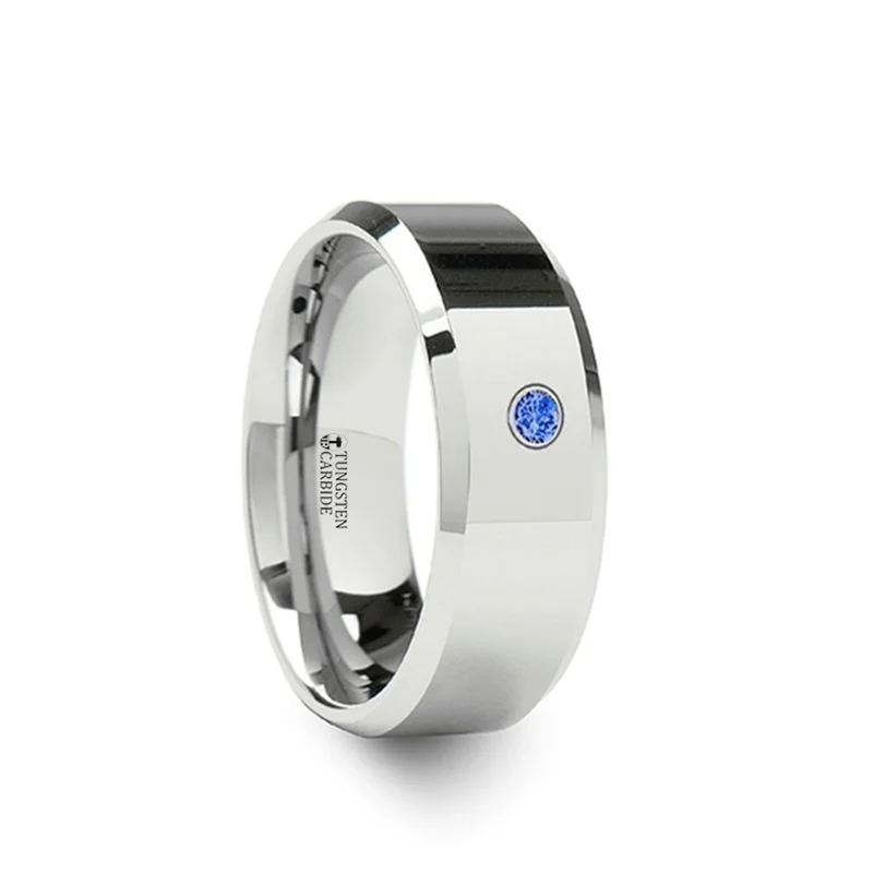 elegant engagement rings for women-KENSINGTON | Tungsten Ring Beveled Blue Diamond