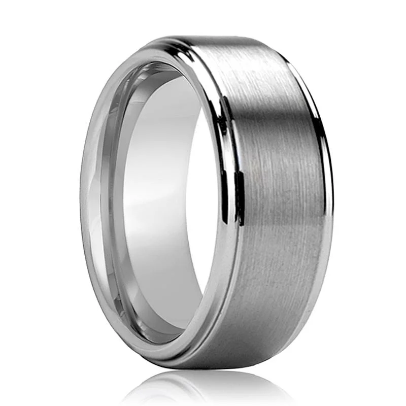 platinum engagement rings for women-MARVEL | Silver Tungsten Ring, Brushed, Stepped Edge