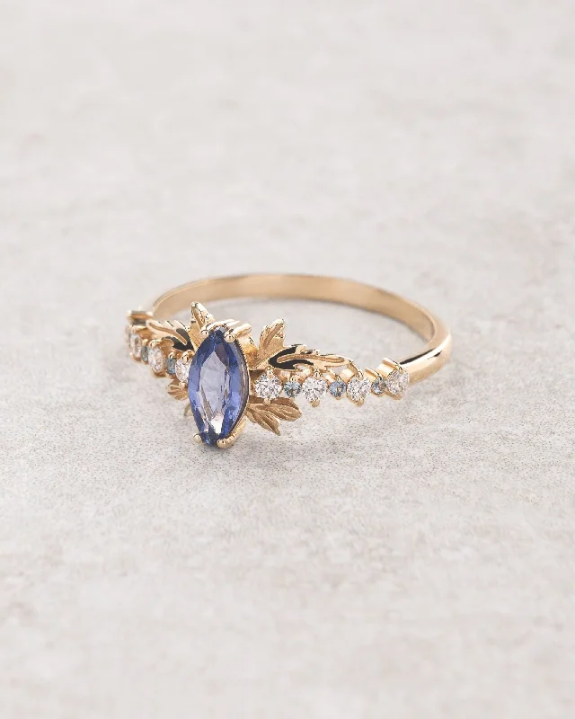 Natural blue sapphire engagement ring with small diamonds & sapphires / Verbena