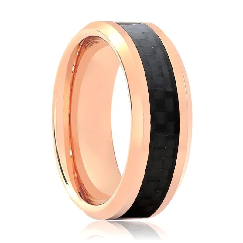 gemstone engagement rings with diamonds for women-KAHLO | Rose Gold Tungsten Ring, Black Carbon Fiber Inlay, Beveled