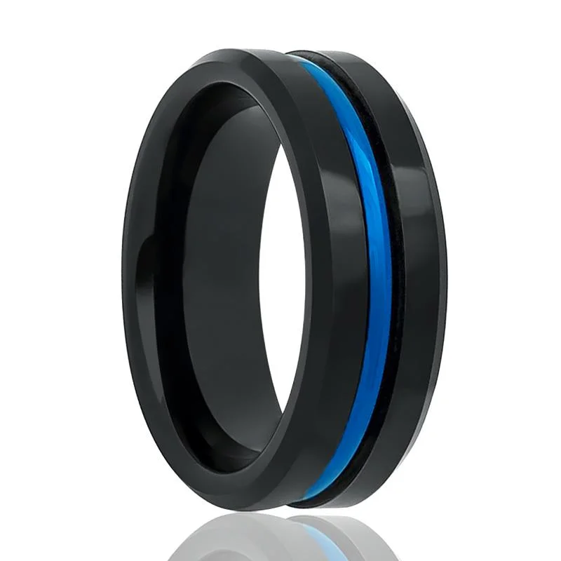 ethically sourced engagement rings for women-NORWAY | Black Tungsten Ring, High Polished, Blue Groove, Beveled