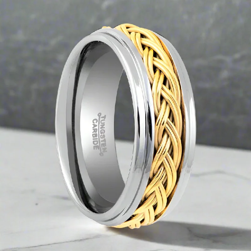 minimalist engagement rings for women-VIPER | Silver Tungsten Ring, Gold Braid, Domed