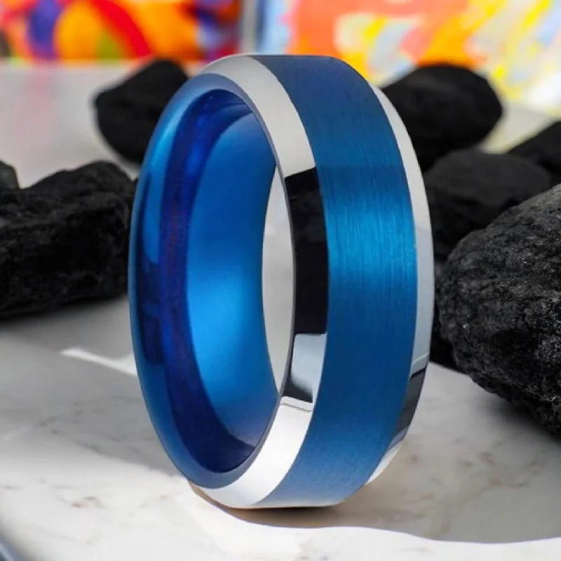 custom engagement rings for women-HYDRO | Blue Tungsten Ring, Brushed, Silver Beveled Edge