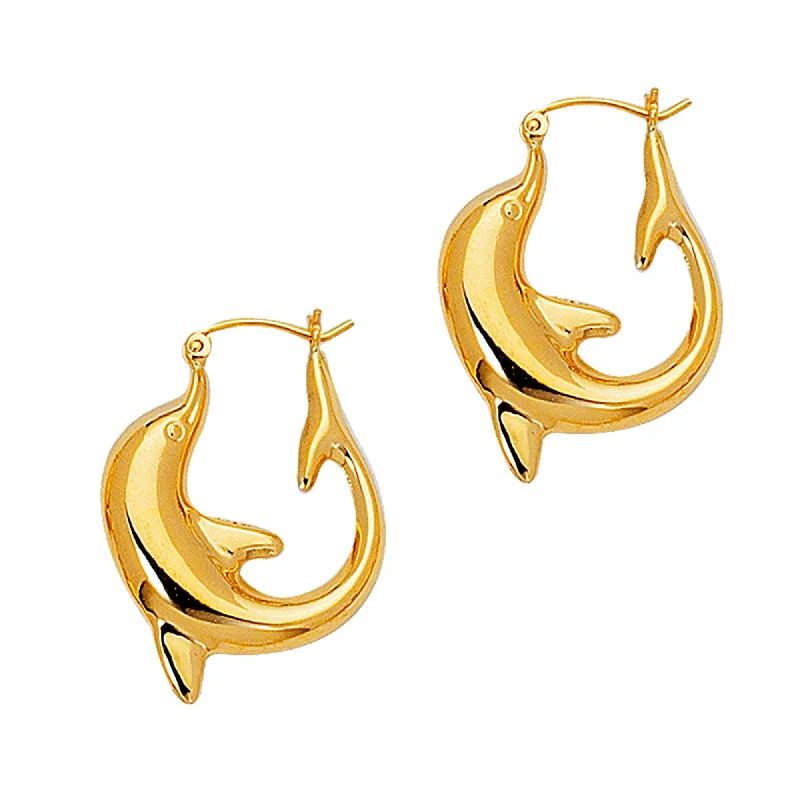 diamond earrings for women-14K Yellow Gold Shiny Dolphin Hoop Earrings, Diameter 22mm