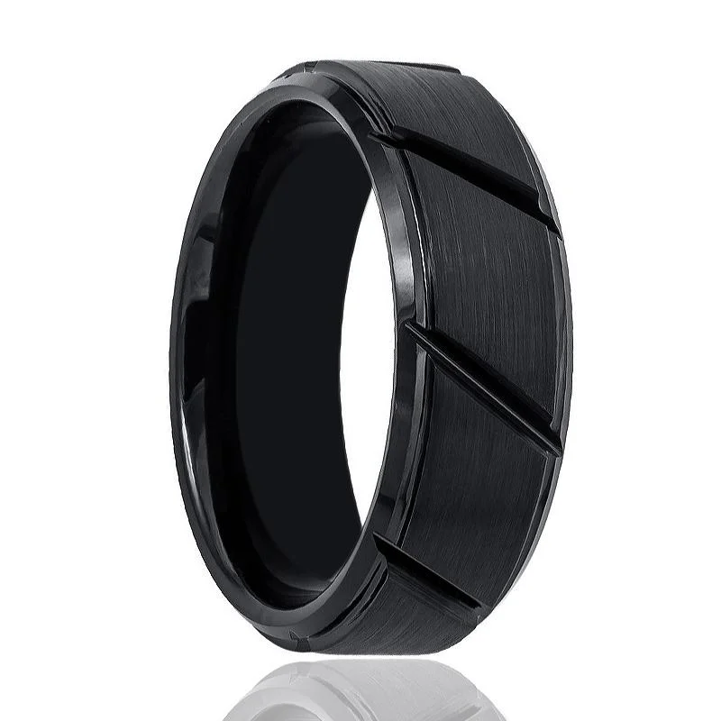 oval diamond engagement rings for women-NIGHTWORK | Black Tungsten Ring, Diagonal Grooves, Stepped Edge