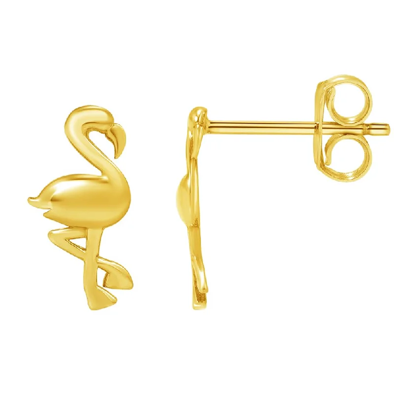 colorful gemstone earrings for women-Solid 14k Yellow Gold Flamingo Stud Earrings with Push Back