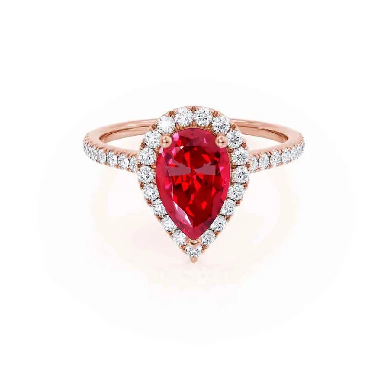 HARLOW - Chatham® Pear Ruby & Diamond 18k Rose Gold Halo