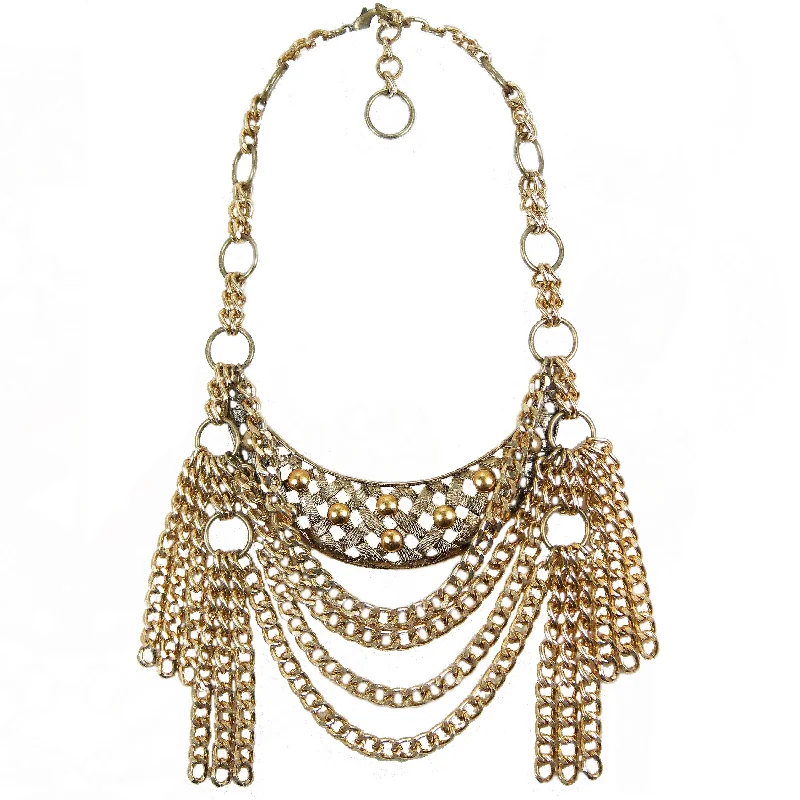 personalized necklaces for women-#1116n Gold Tone Bib Necklace With Chain Tassels