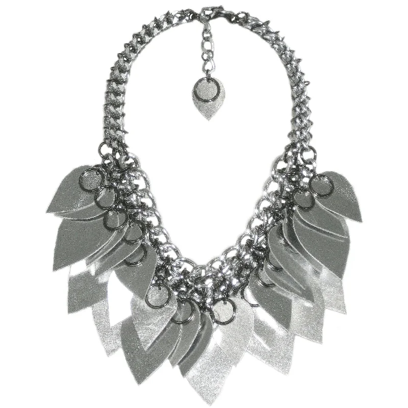 designer necklaces for women-#1011n Chain Mail Bib Necklace with Silver Leather Scales & Gunmetal Rings