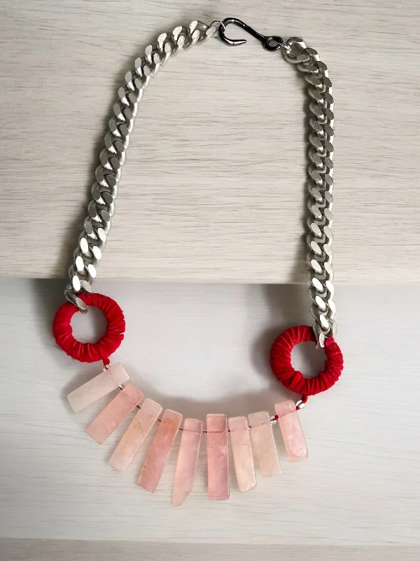 gemstone crystal necklaces for women-Statement Rose Quartz Red Leather Necklace