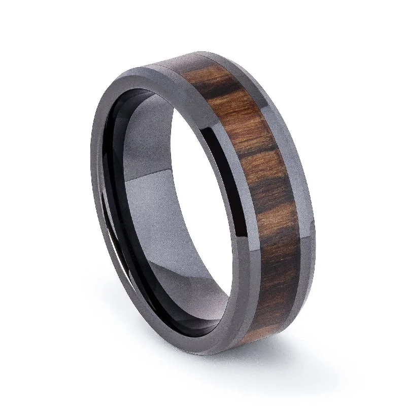 oval diamond engagement rings for women-Black Ceramic Wedding Band With Dark Zebra Wood 8MM