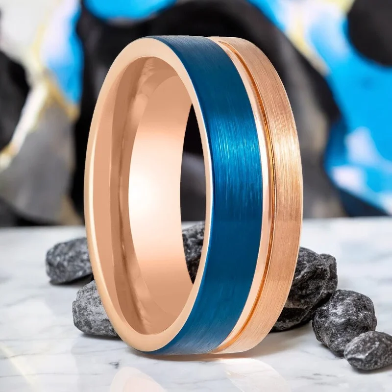 wedding engagement rings for women-ALNAIR | Rose Gold Tungsten Ring, Blue Brushed, Grooved, Flat