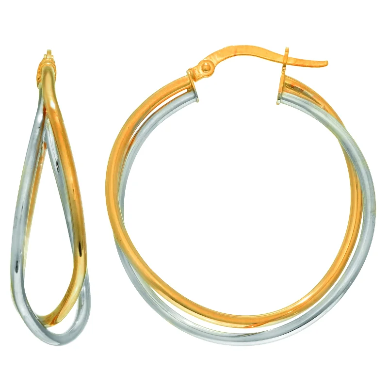 trendy gold earrings for women-14K Yellow And White Gold Criss Cross Double Row Hoop Earrings, Diameter 30mm