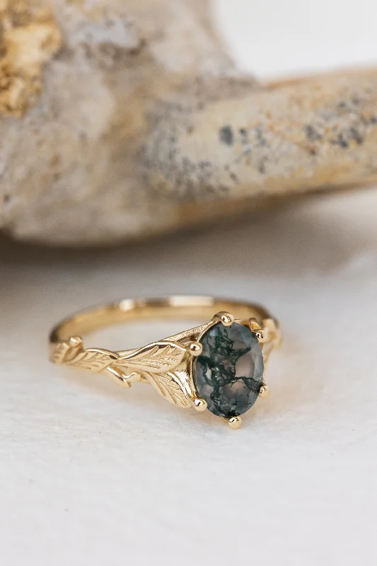 Natural moss agate gold leaf engagement ring, oval cut gemstone proposal ring / Freesia