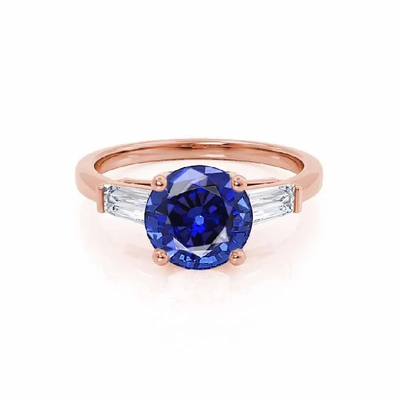 LOVETTA - Chatham® Round Blue Sapphire & Diamond Baguette 18k Rose Gold Trilogy