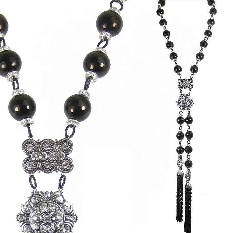 gold bar necklaces for women-#1084n Jet Stone Bead & Rhinestone Lariat Necklace With Silver Tone & Black Chain Tassels