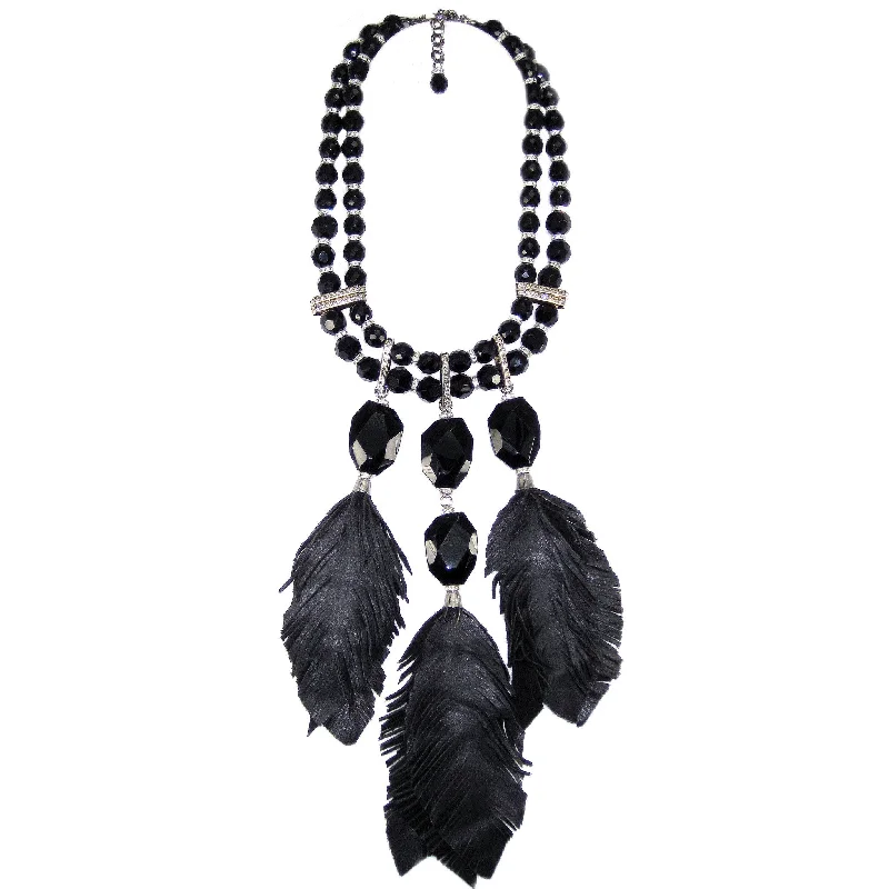 diamond necklaces for women-#791n Jet Bead, Rhinestone & Leather "Feather" Bib Necklace