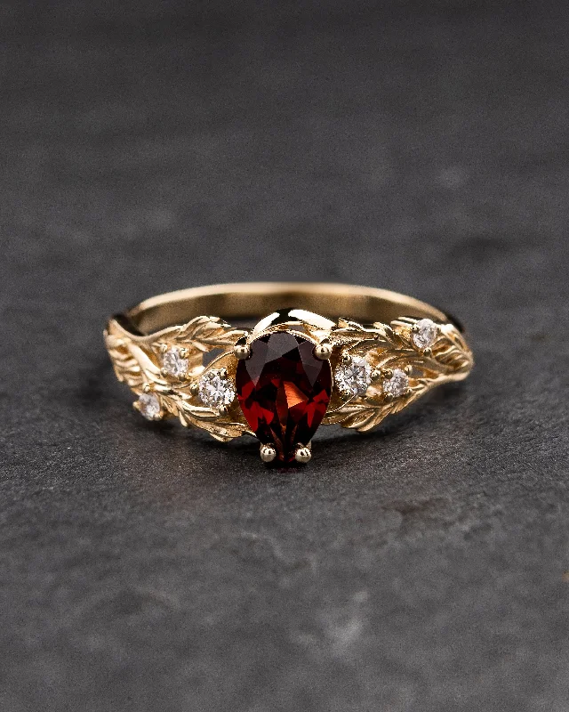 Unique engagement ring with garnet and accent diamonds / Japanese Maple