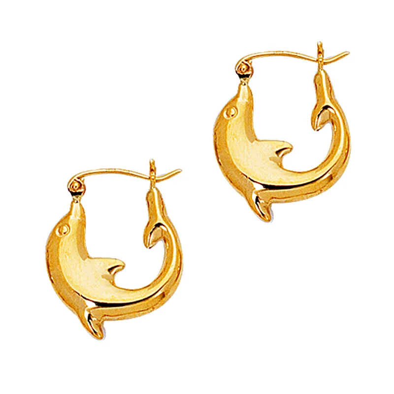 small hoop earrings for women-14K Yellow Gold Shiny Small Dolphin Hoop Earrings, Diameter 16mm