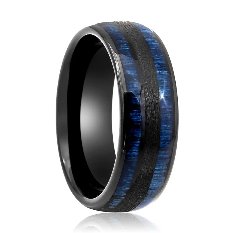 modern round engagement rings for women-ROMEO | Black Tungsten Ring, Blue Wood Inlay, Domed