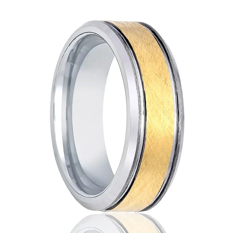 engagement rings with diamonds for women-Yellow Gold Ring with Wire Brushed Finished Center High Polished stepped Edge