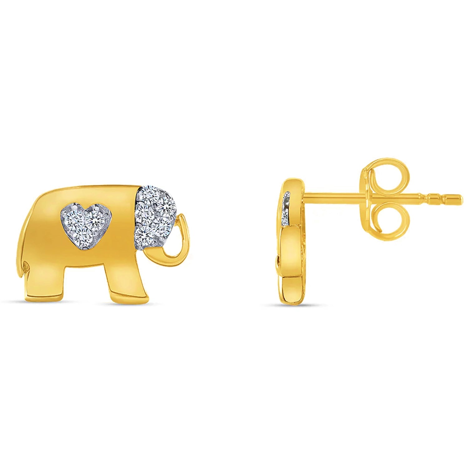 diamond drop earrings for women-14k Yellow Gold Elephant Stud Earrings with Push Back, Cubic Zirconia Stones