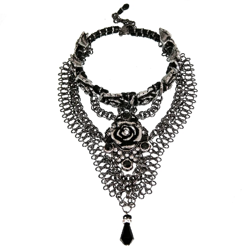 fashion-forward necklaces for women-#1140n Silver Tone, Gunmetal, Jet & Crystal embellished Floral Choker/Bib Necklace