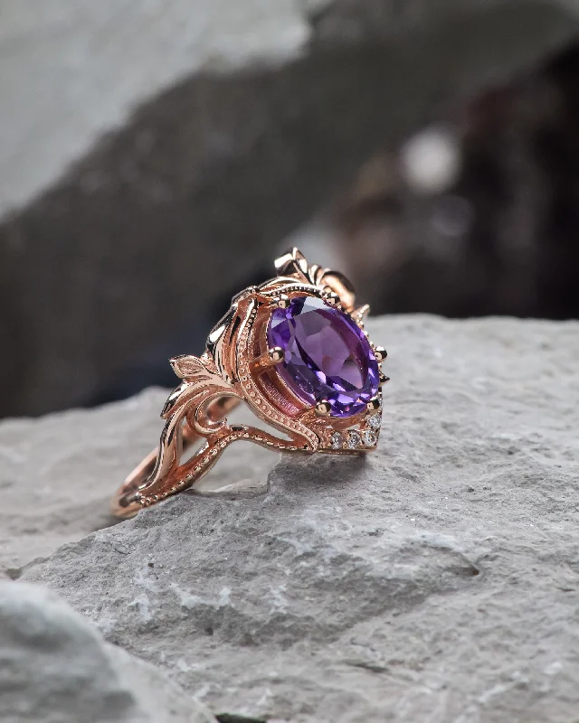 Diamond engagement ring with amethyst, unique promise ring / Lida