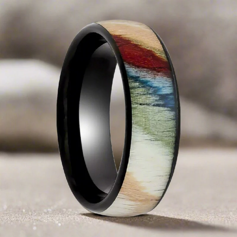 modern engagement rings for women-IRONBARK | Black Tungsten Ring, Colorful Dyed Rosewood Inlay