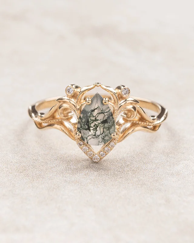 Unique pear moss agate engagement ring, gold ring with diamonds / Lida small