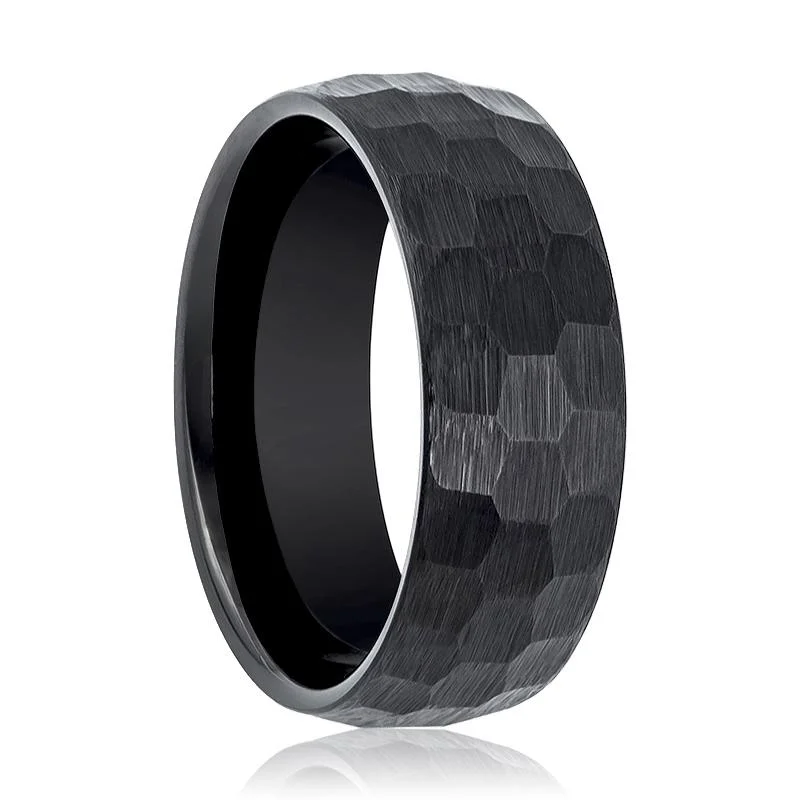 vintage engagement rings for women-BRUTE | Black Tungsten Ring, Hammered Faceted, Domed