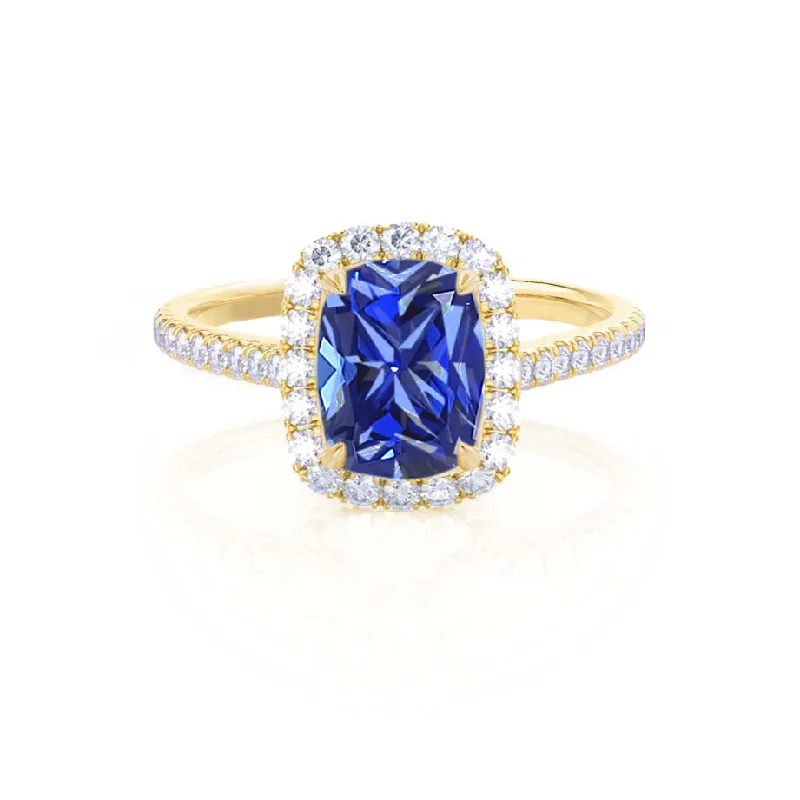 DARLEY - Chatham® Blue Sapphire Elongated Cushion Micro Pavé 18k Yellow Gold Halo