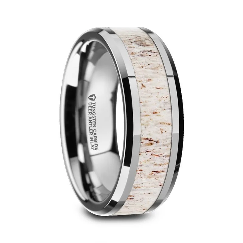 cushion engagement rings for women-WHITETAIL | Silver Tungsten Ring, Off-White Deer Antler Inlay, Beveled