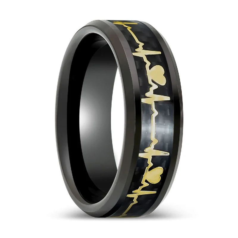 bridal engagement rings for women-PEAPACK | Black Tungsten Ring Yellow Heartbeat Cutout Inlay