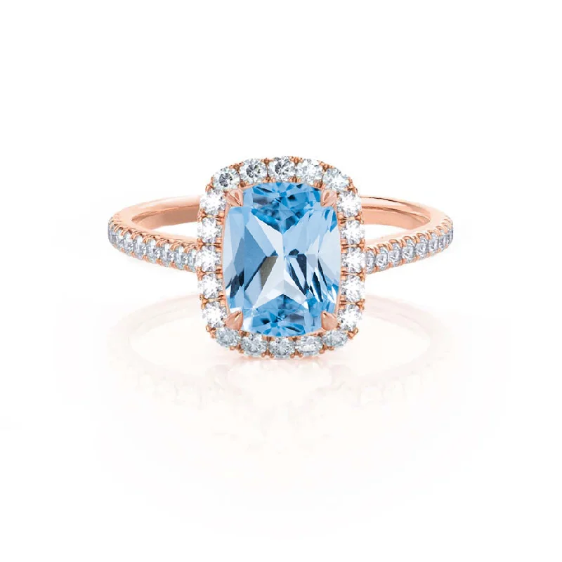 DARLEY - Chatham® Aqua Spinel Elongated Cushion Micro Pavé 18k Rose Gold Halo