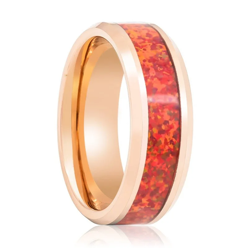 engagement rings with pearl accents for women-MAGICA | Tungsten Ring Red Fire Opal Inlay