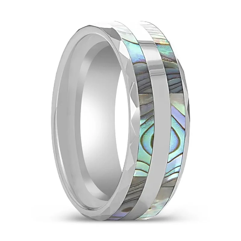 minimalist engagement rings for women-PAUA | Tungsten Ring, Double Abalone Shell Inlay, Beveled Polished Edges