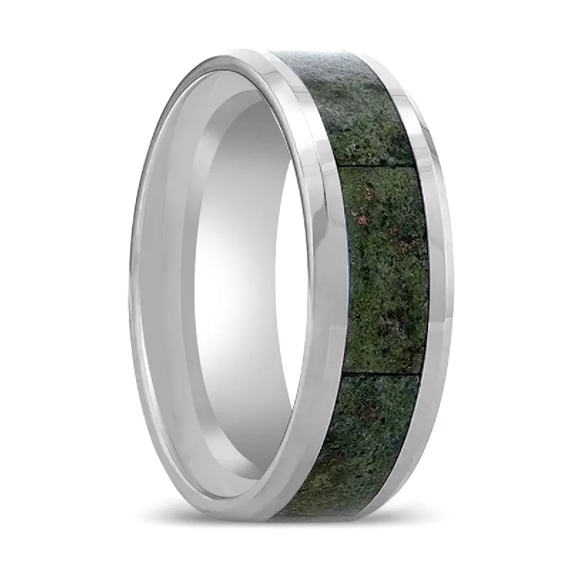 vintage-inspired engagement rings for women-LIBERTY | Tungsten Ring, Green Copper Conglomerate Inlay, Beveled Edges