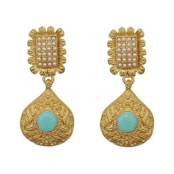 modern earrings for women-Kriaa Blue Pota Stone Gold Plated Pearl Dangler Earrings - 1313110C