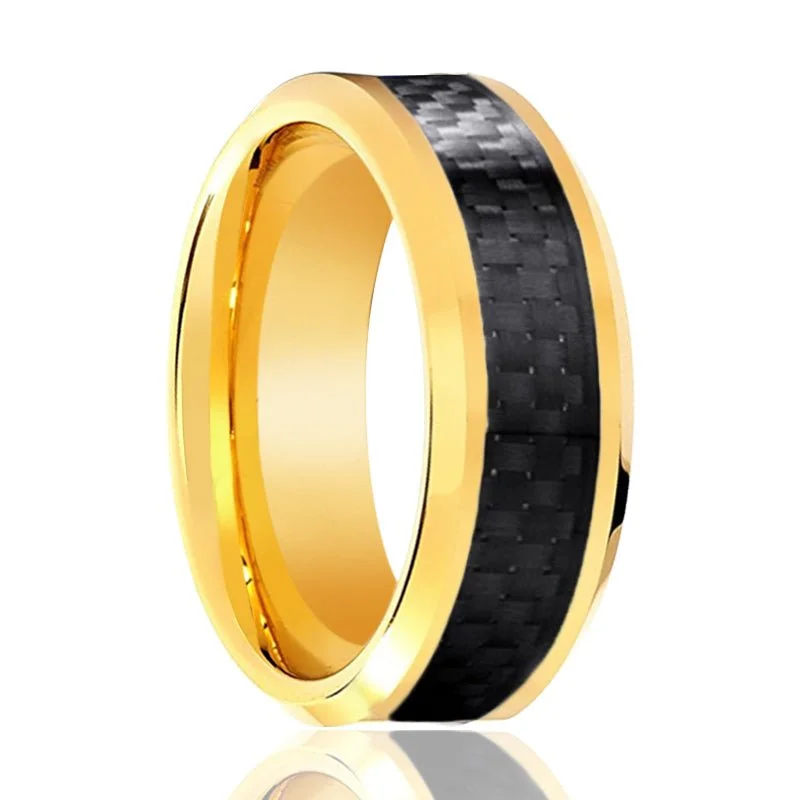 high-end engagement rings for women-Yellow Gold High Polished Tungsten Ring with Black Carbon Fiber Inlay Beveled Edge