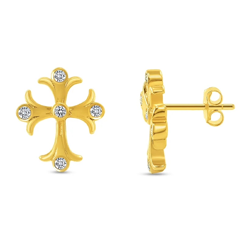 gemstone drop earrings for women-14k Yellow Gold Fleur de Lis Cross Stud Earrings with Push Back, Cubic-Zirconia Stones