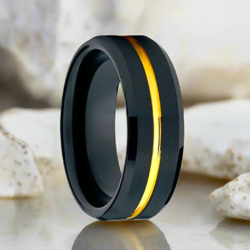 forever engagement rings for women-BAIR | Black Tungsten Ring, Gold Groove, Beveled