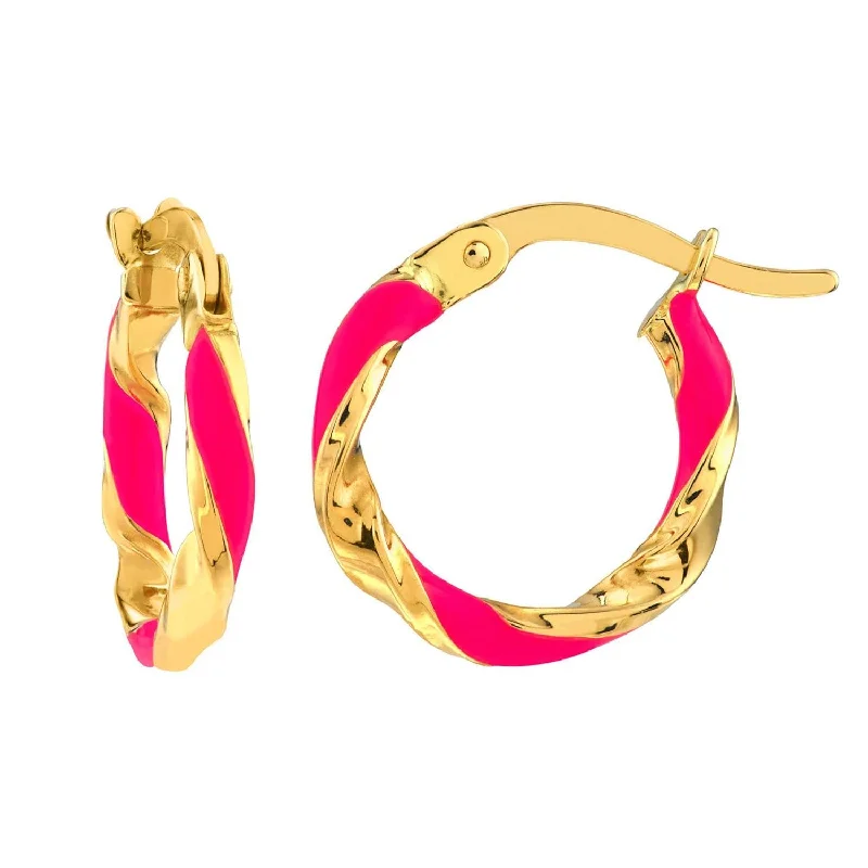 elegant drop earrings for women-14k Yellow Gold Pink Striped Twisted Hoop Earrings with Latch Back