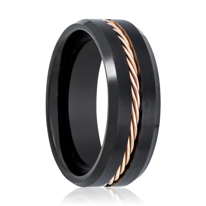 unique solitaire engagement rings for women-HORATIO | Black Tungsten Ring, Rose Gold Rope, Beveled