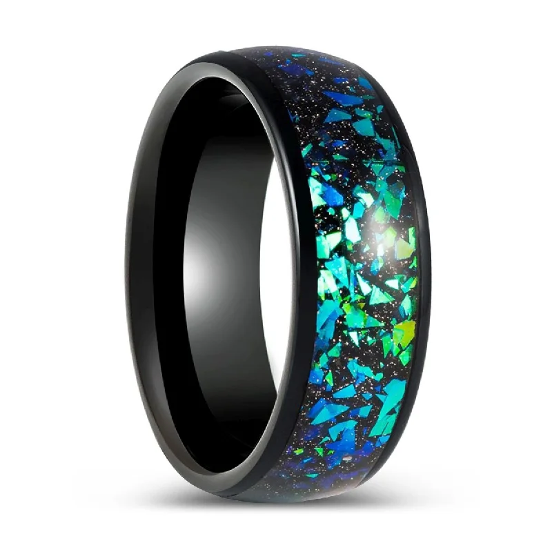 cushion-cut solitaire engagement rings for women-ZURLOU | Black Tungsten Ring Green Opal and Abalone Fragments