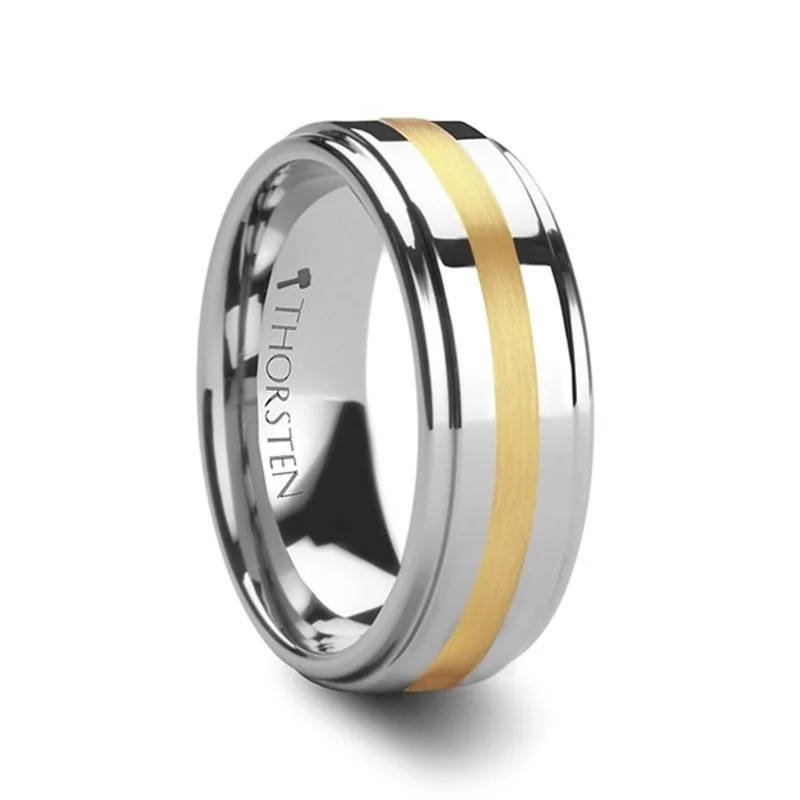 engagement rings with pearl accents for women-APOLLO | Silver Tungsten Ring, 14k Gold Inlay, Stepped Edges