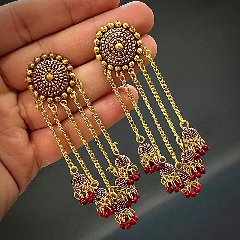 elegant gold earrings for women-Subhag Alankar Maroon Stylish & Party Wear Danglers Latest Collection 5 Layer Latkan Earrings for Girls and Women.Alloy Drops & Danglers