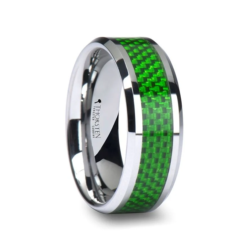 custom rose gold engagement rings for women-VERMONT | Silver Tungsten Ring, Emerald Green Carbon Fiber Inlay, Beveled