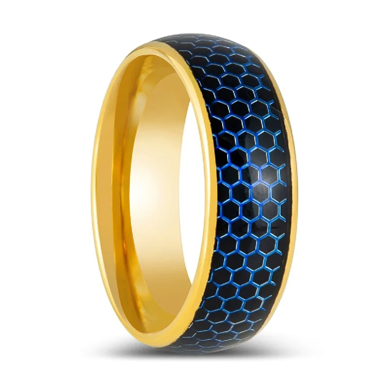 bespoke engagement rings for women-AQUAHEX | Gold Tungsten Ring, Domed Ring, Blue Honeycomb Cutout